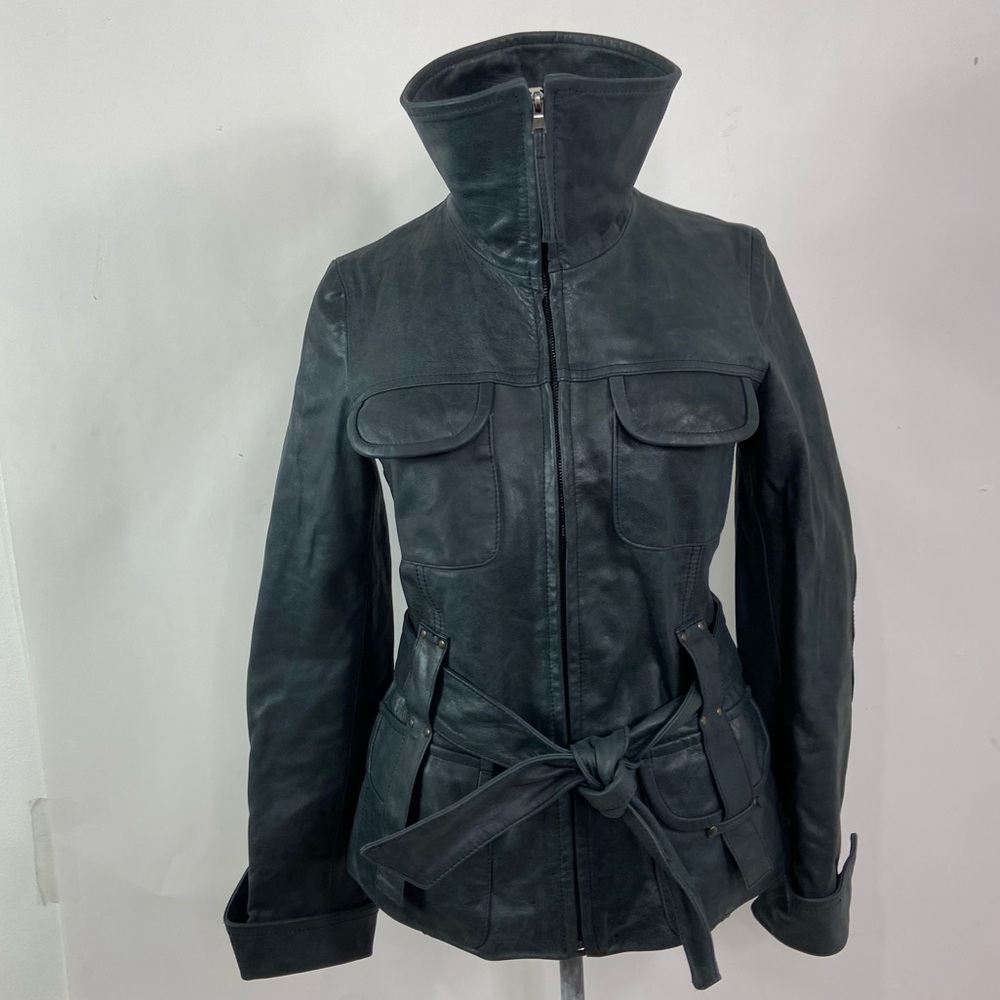 Vincent’s charcoal gray black belted leather moto biker jacket. - Picture 2 of 15